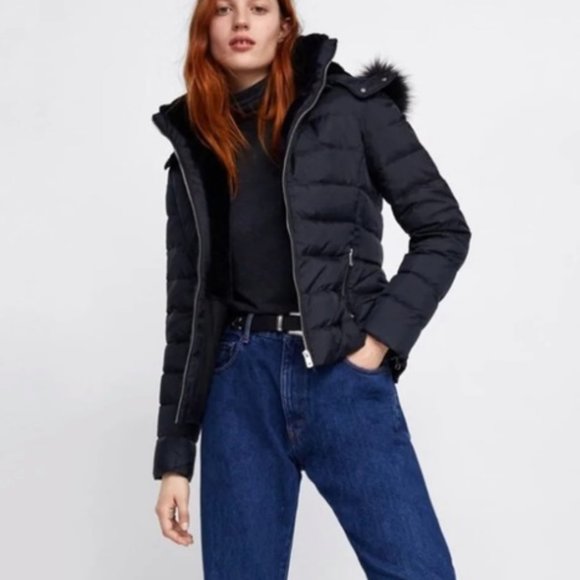 Zara Quilted Down Puffer Jacket with Faux Fur Textured Hood Navy & Gold - Picture 7 of 13